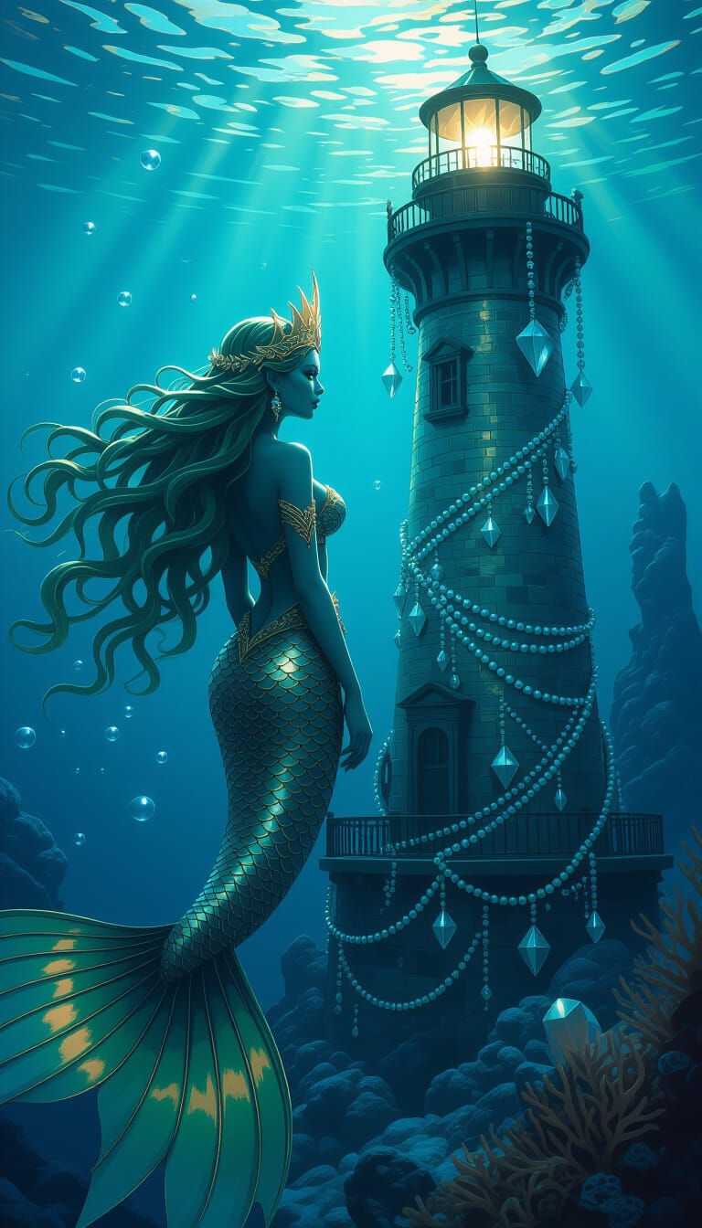 Mermaid Queen in Underwater Kingdom: Hyperrealistic Dark Fan...