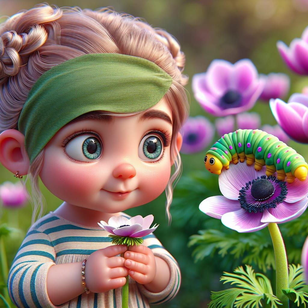 Disney Pixar style 3D adorable little girl, holding an anemo...