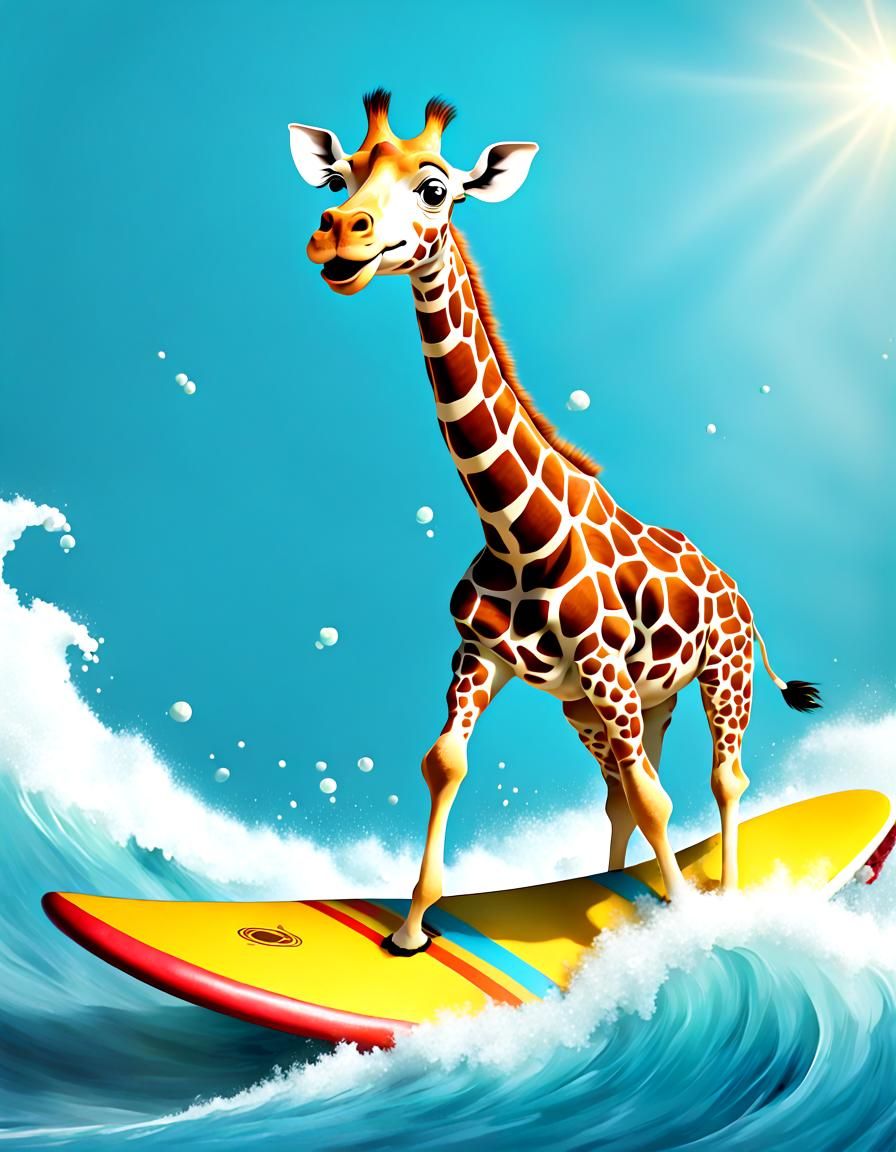 Laughing Giraffe Surfing High Waves: Fun Fantasy