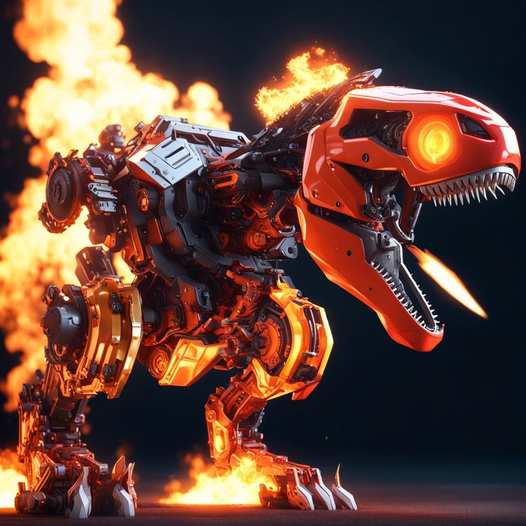 Fiery Tyrannosaurus Zoid Roaring Inferno in Sci-Fi Art