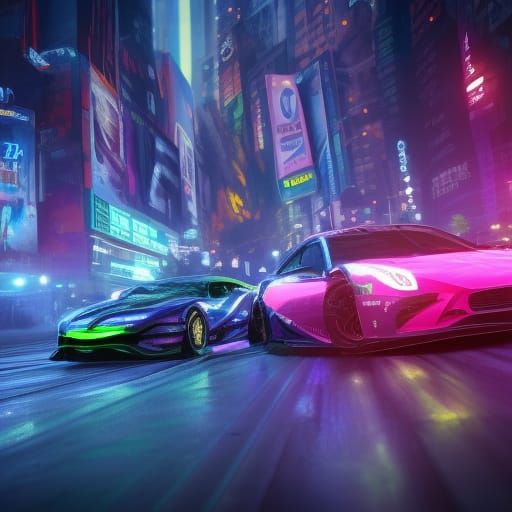 two neon race cars coming down the road at night in New York...