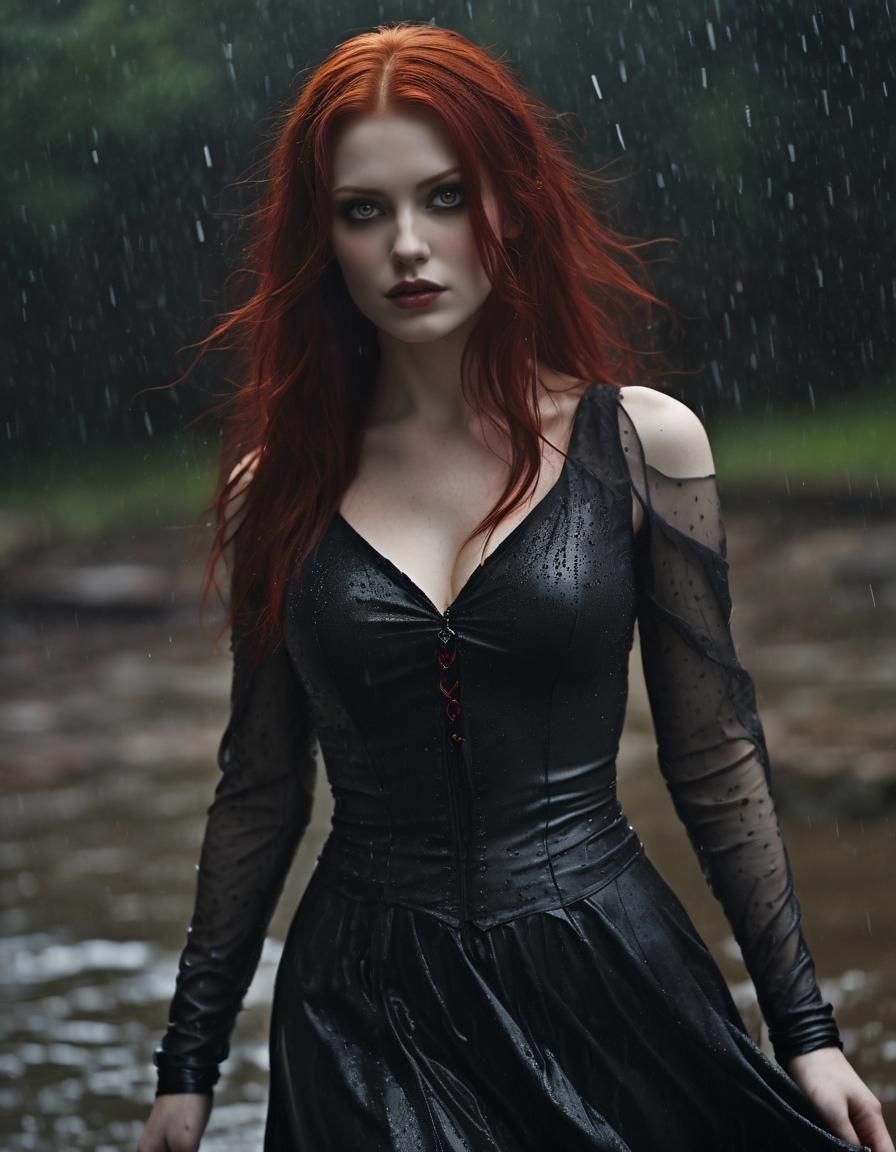Gothic Vampire in Red Lake During Thunderstorm