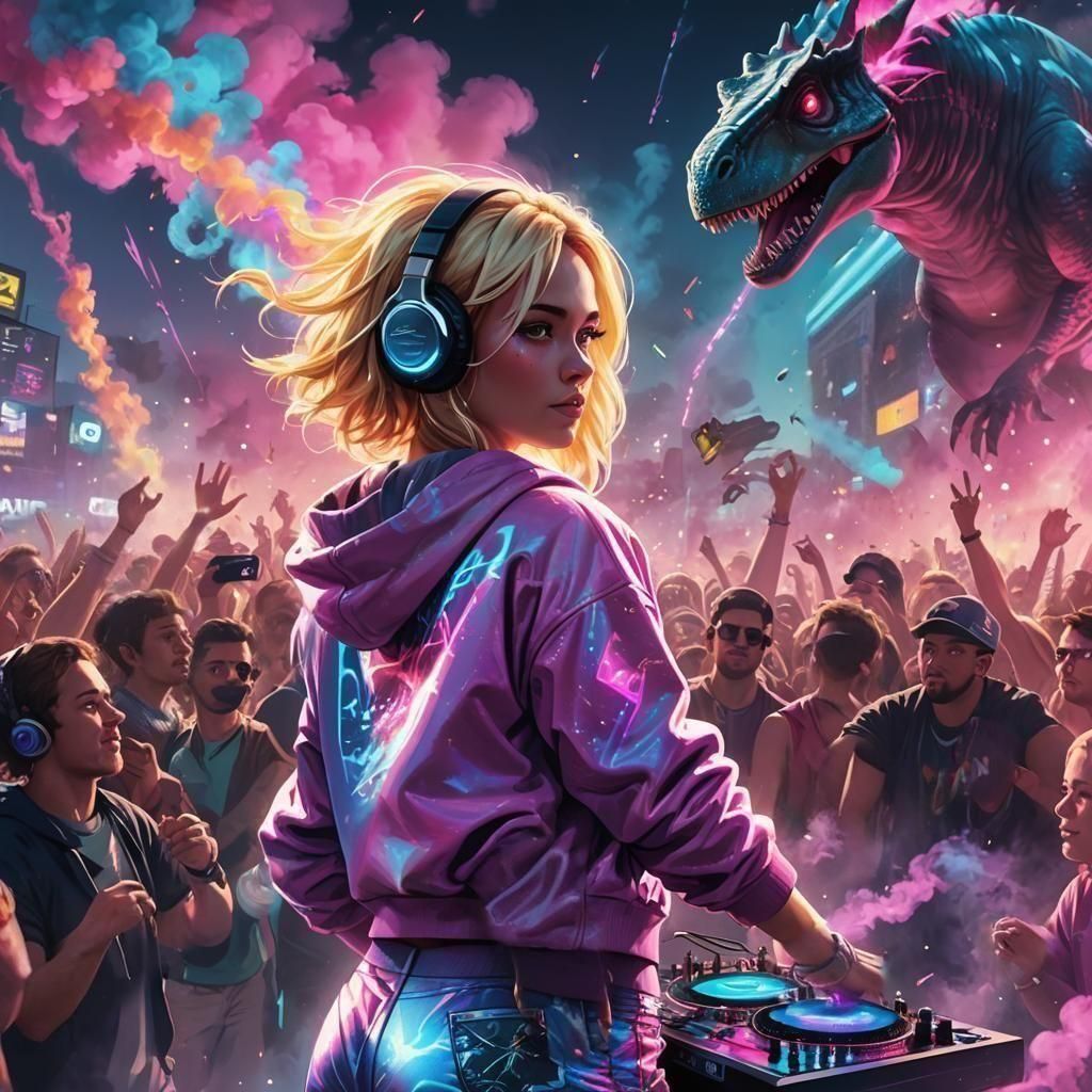 Blonde Woman DJing with Dinosaur Hoodie in Digital Art