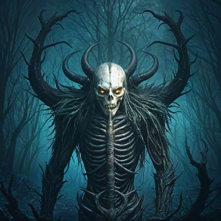 Dark Fantasy Demon Materializes in Misty, Twisted Forest