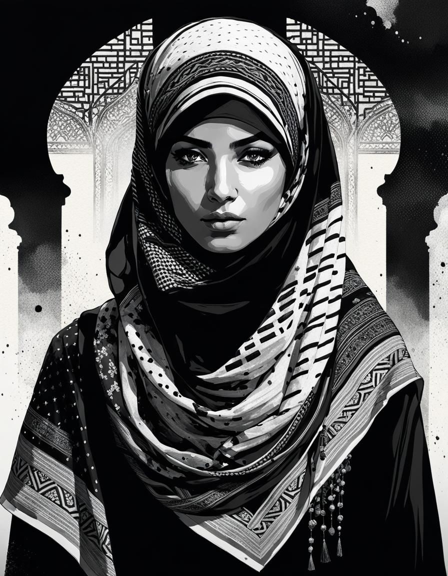 Palestinian Woman Portrait in Black and White Ink