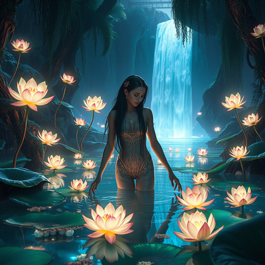 Ethereal Water Nymph in Bioluminescent Oasis