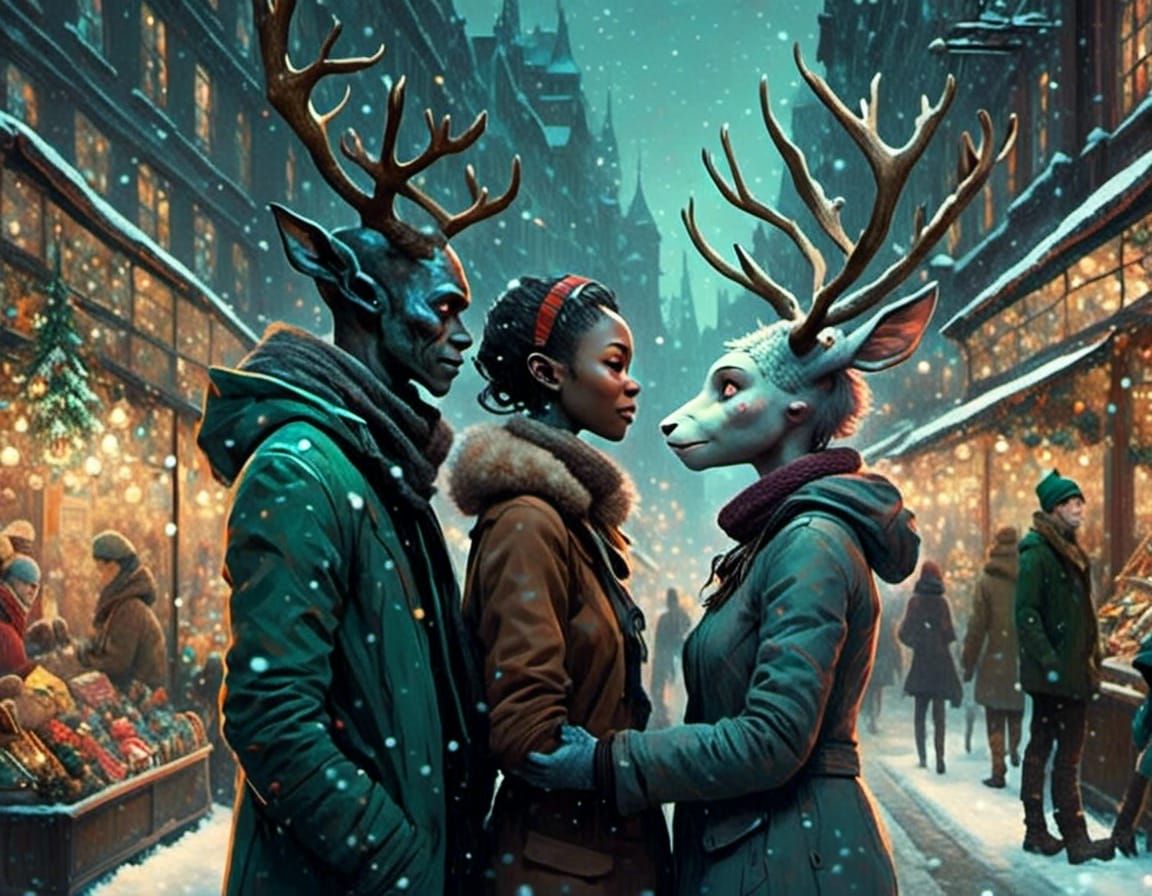 Festive Elf and Reindeer at Holiday Market