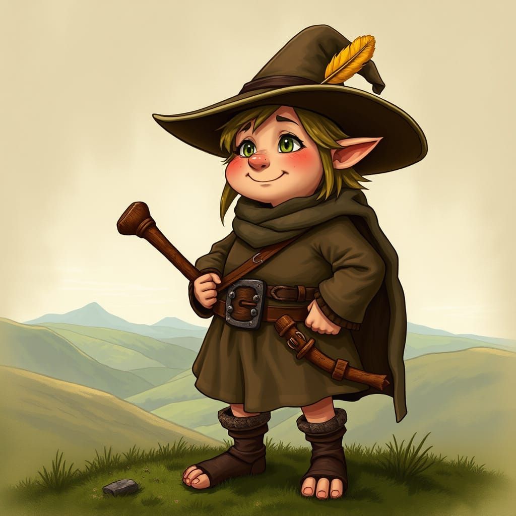 Sturdy Halfling Leader Gazing Over Rolling Hills in Earthy T...