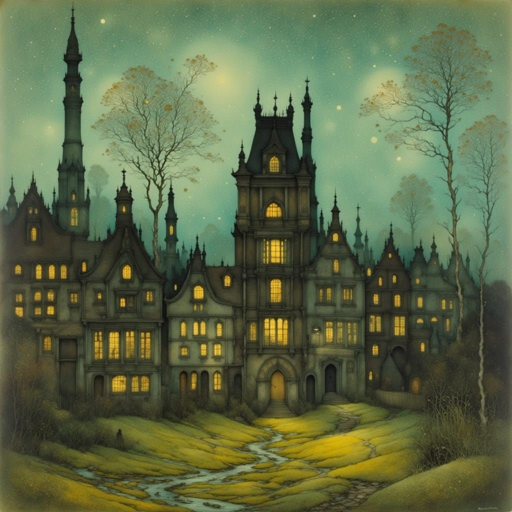 Dreamlike Landscape in the Style of Grimshaw and Klee