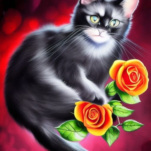 Black Cat and Rose: Hyperrealistic Splash Art