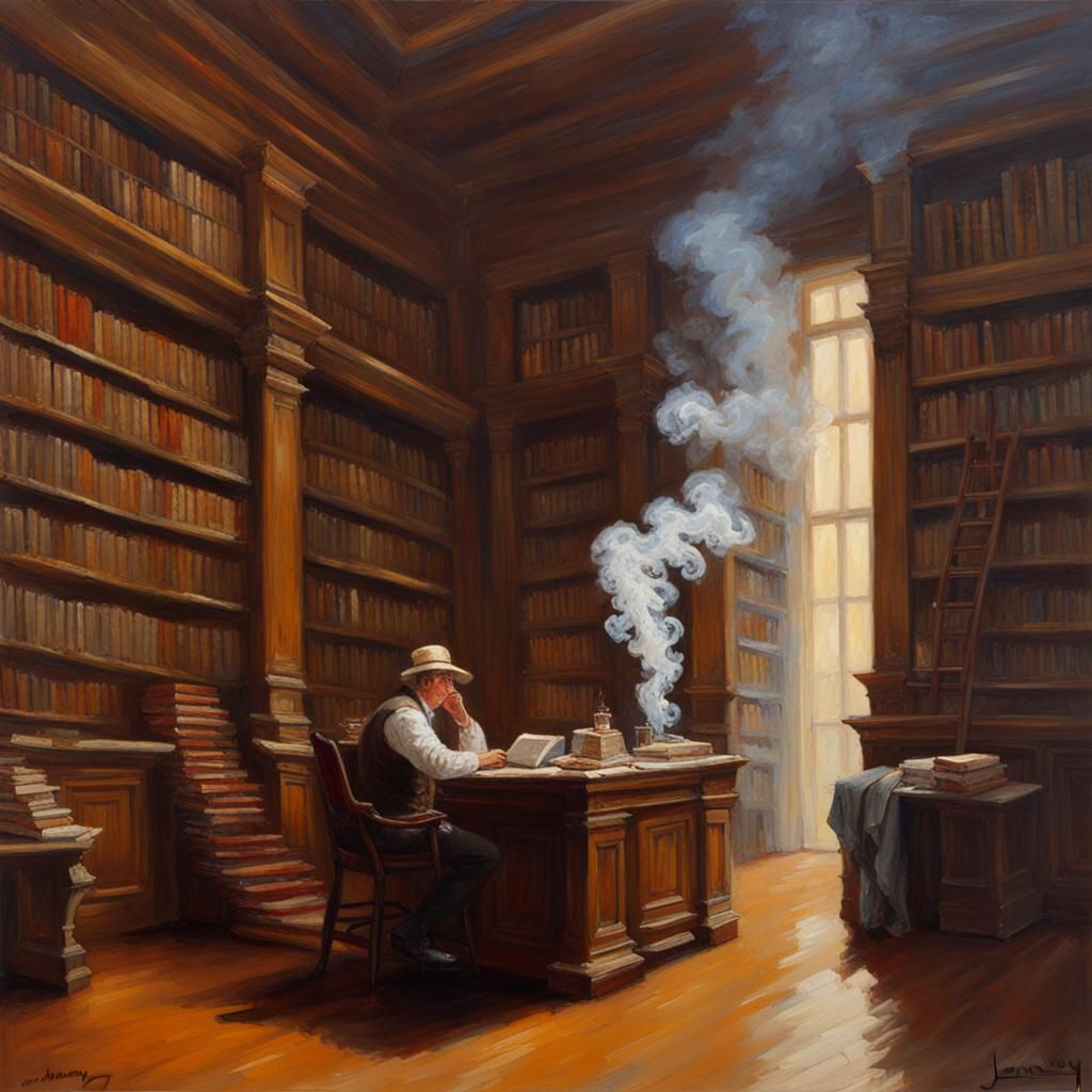 Library of Smoke: Oil Painting in Gurney Style