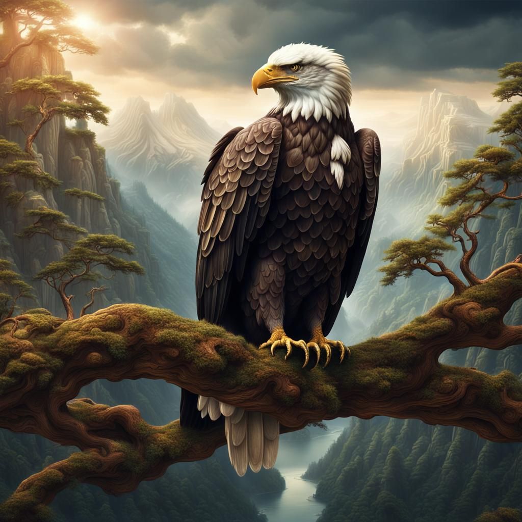 Elegant Eagle on Branch: Digital Matte Painting