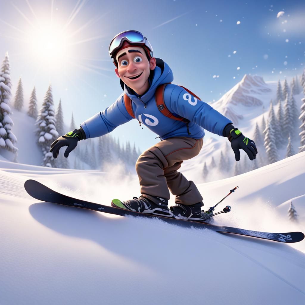 Pixar-Style Snowboarder on Ski Slope