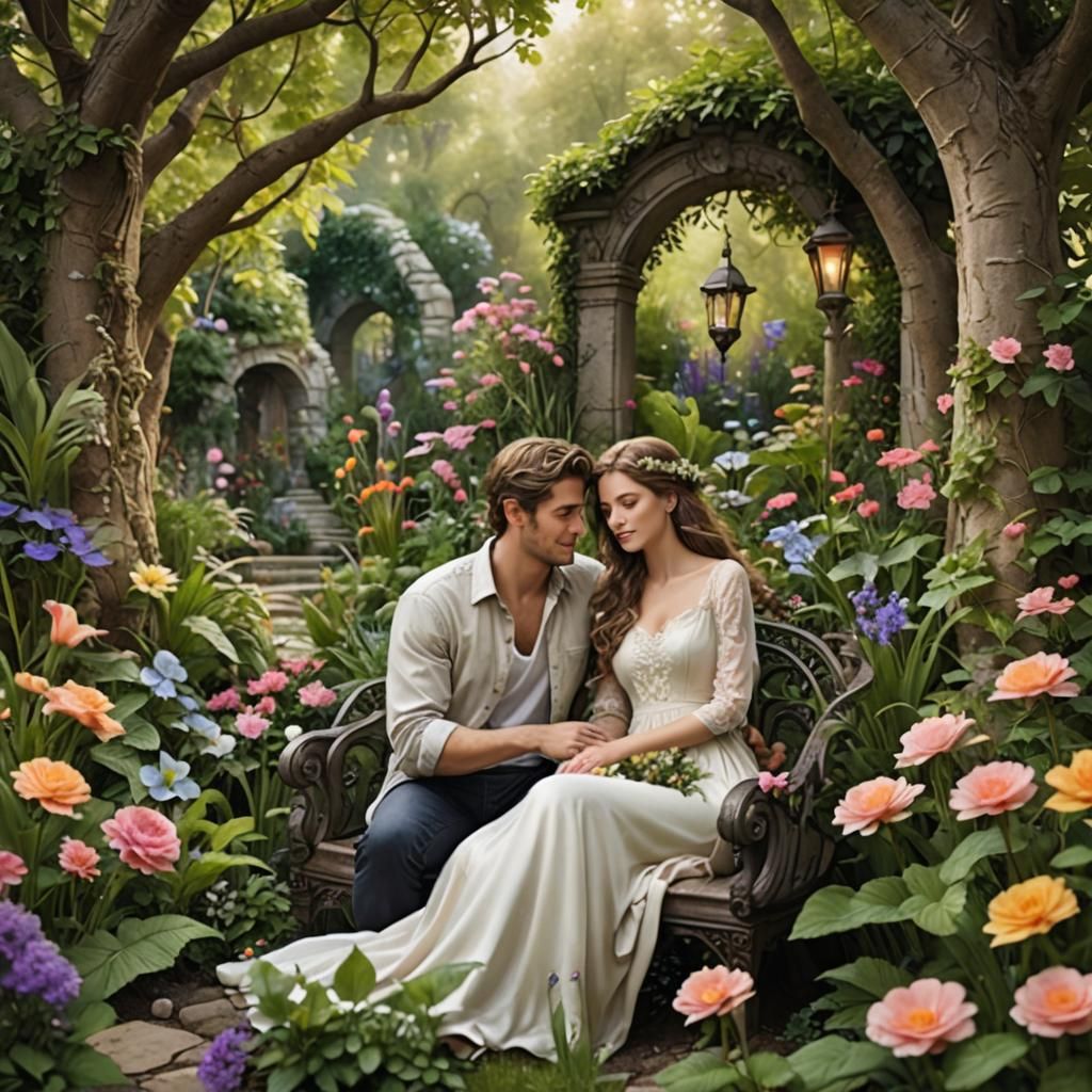 Couple sitting in the garden.