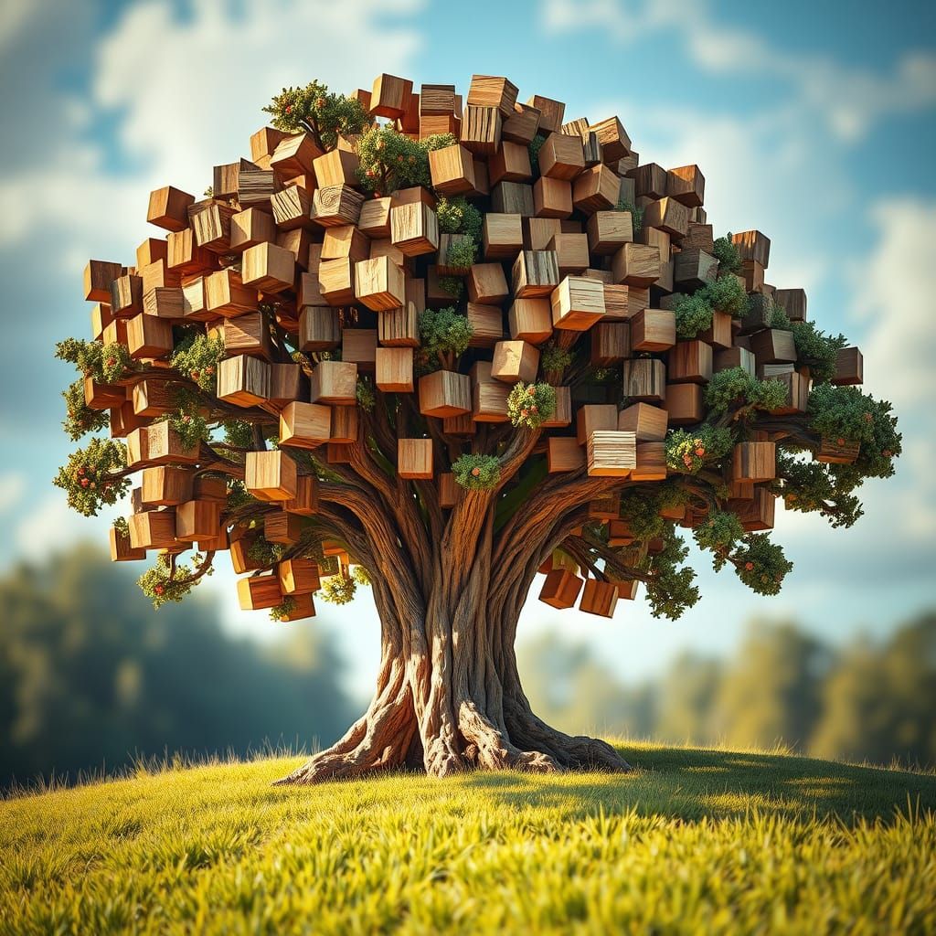 Hyperrealistic Wooden Tree in Whimsical Wonderland