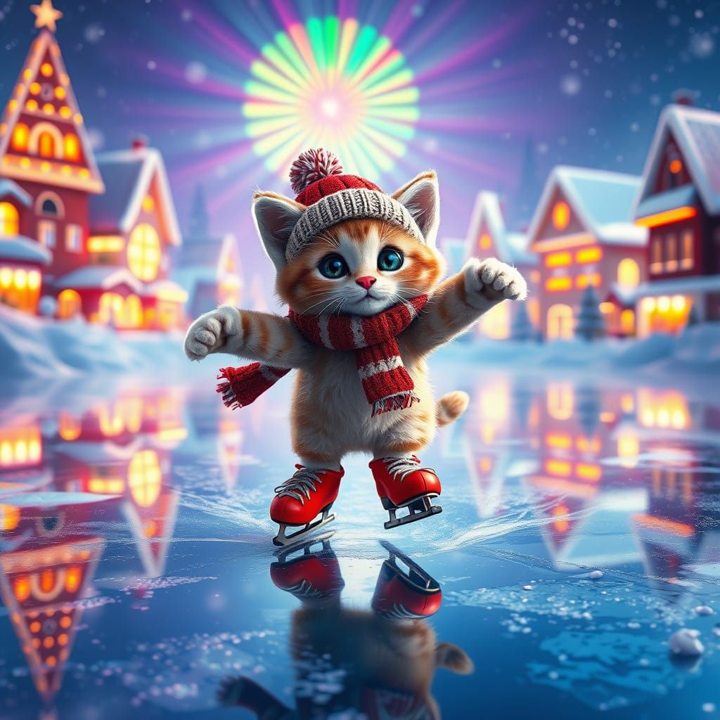 Kitten Ice Skating in Winter Wonderland Scene