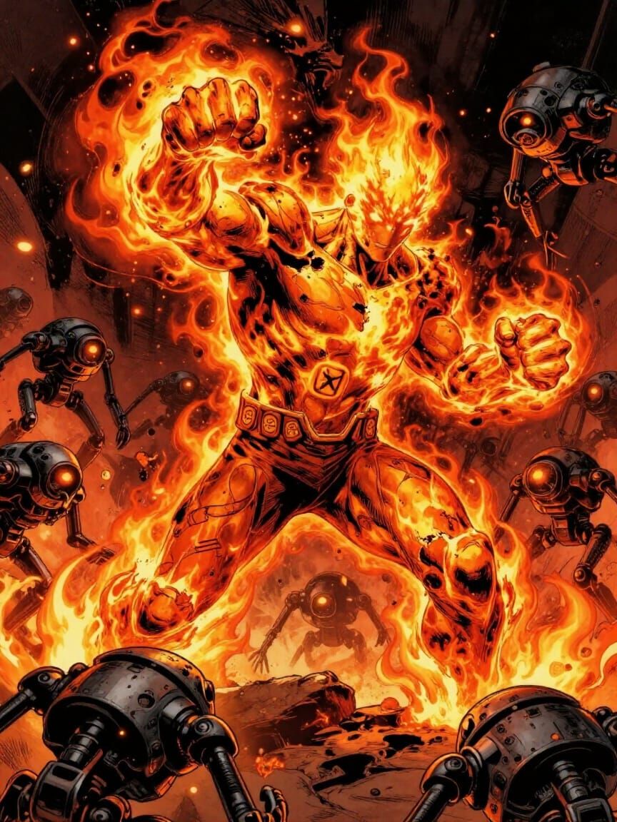 Chaosfire's Fiery Attack in Gritty Comic Style