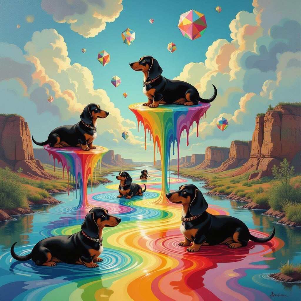 Melting Dachshund Islands in Upward Flowing Paint