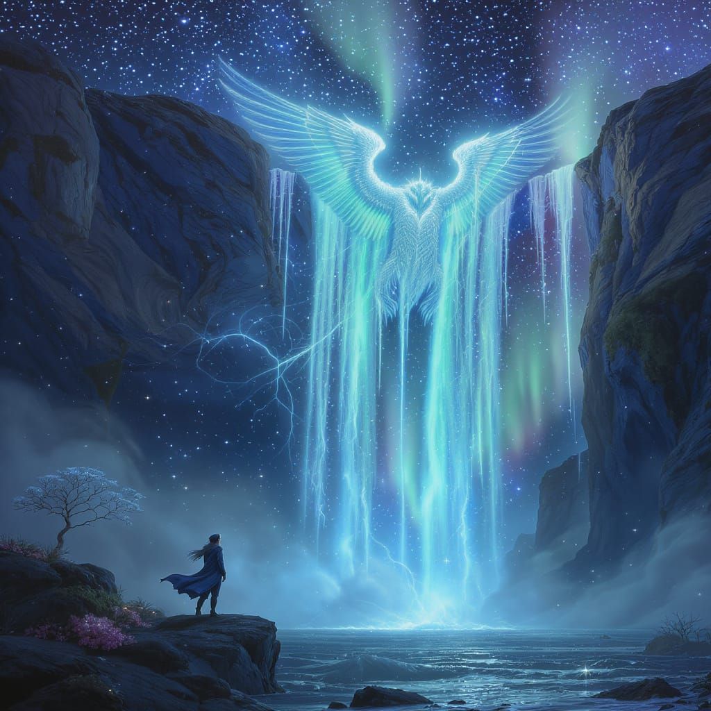 Winged Being Beside Aurora Borealis Waterfall