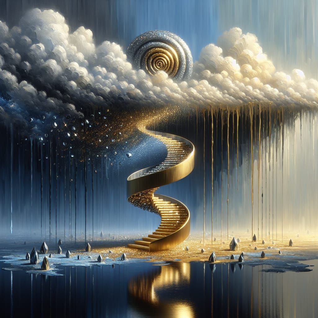 Golden Spiral Staircase Ascends to Stormy Heavens