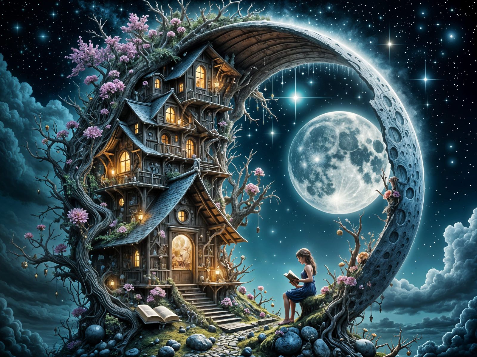 Surreal Fantasy Bookstore in the Sliver Moon