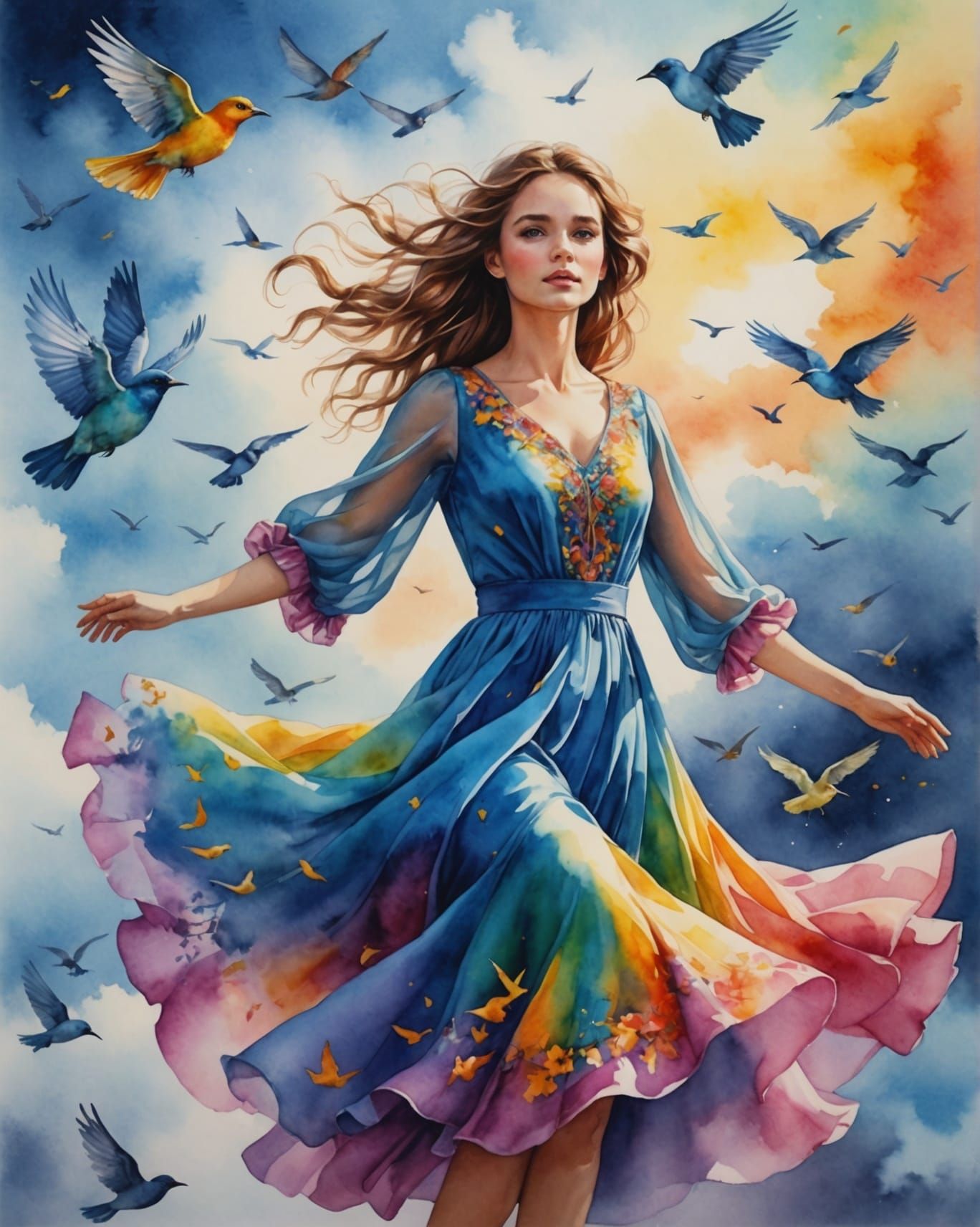 Girl Soaring Through Cloudy Sky in Watercolor Airbrushing