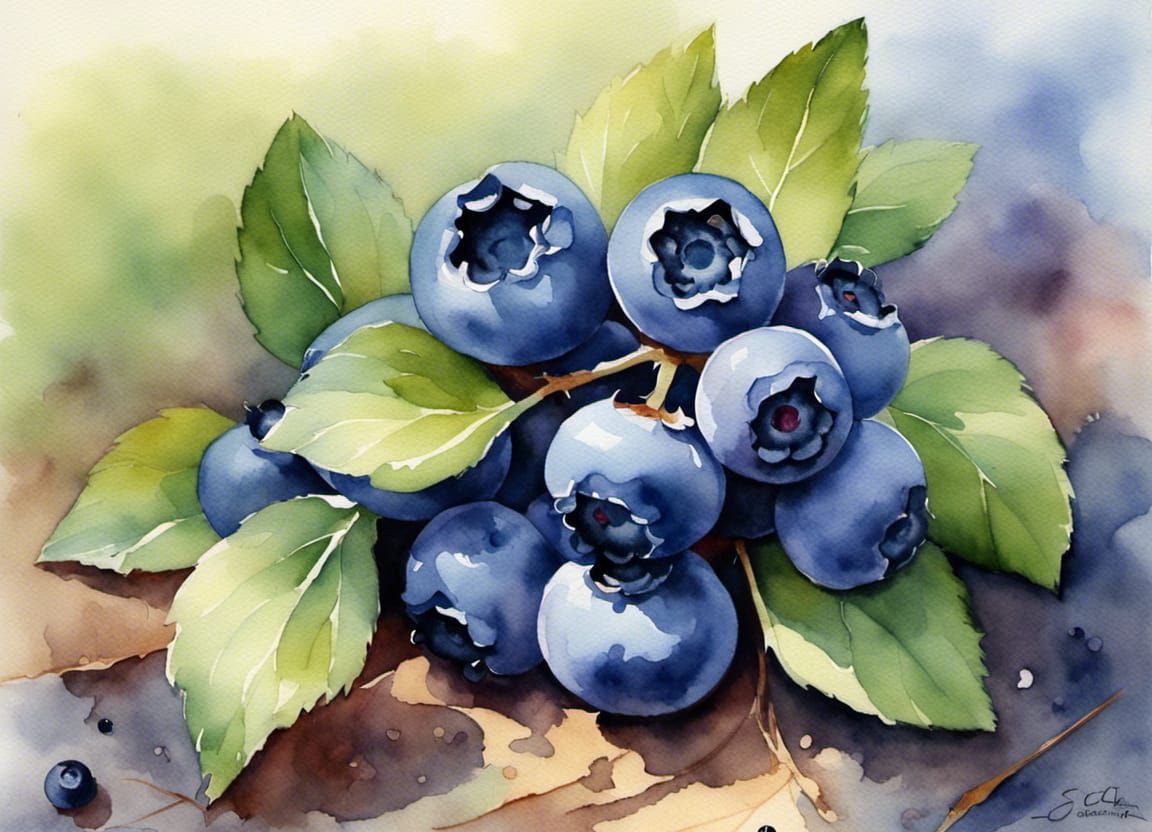 Blueberries in Field as Watercolor Painting