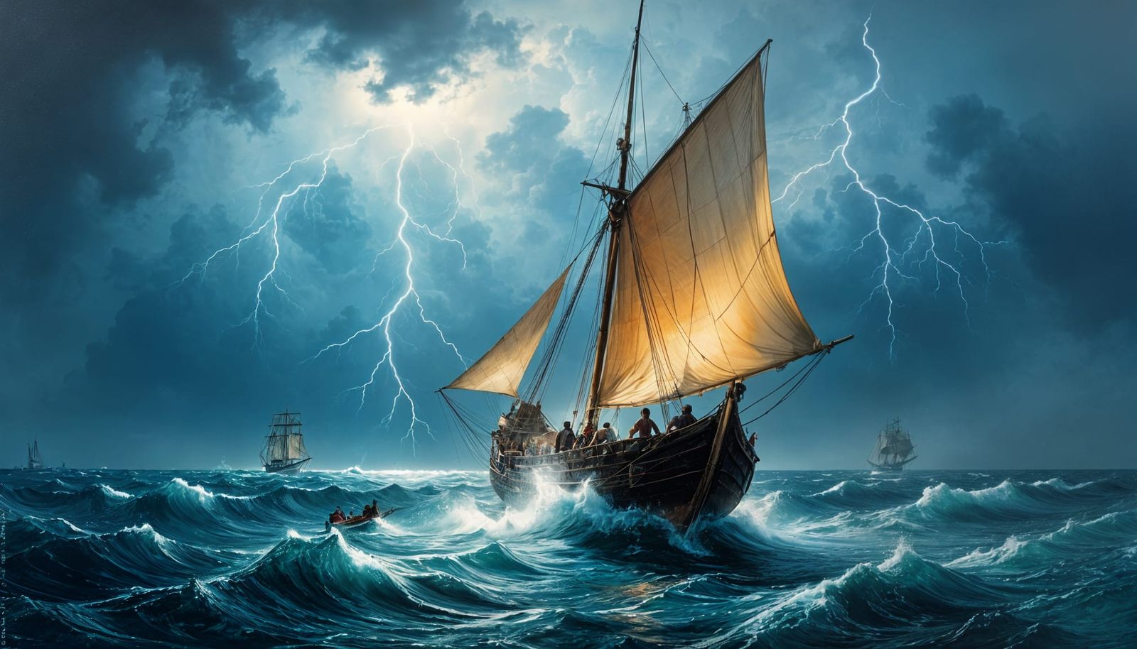 Dhow Ship Battling Stormy Seas With Lightning