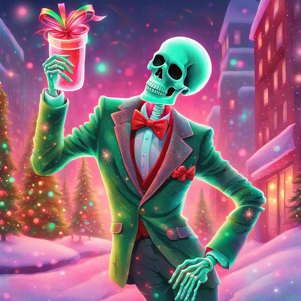 Festive Christmas Skeleton Dancing in Winter Wonderland