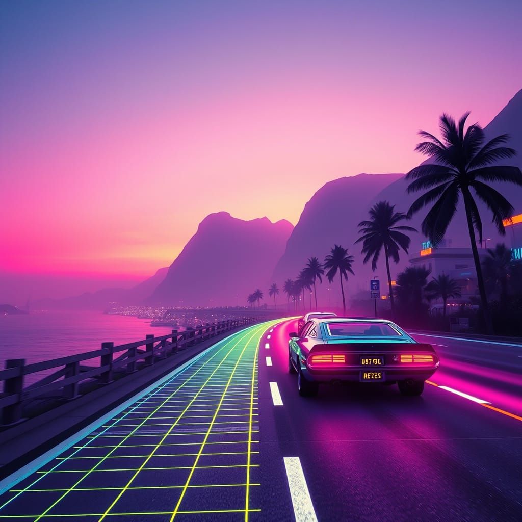 Futuristic 1980s Monte Carlo on Coastal Highway at Sunset