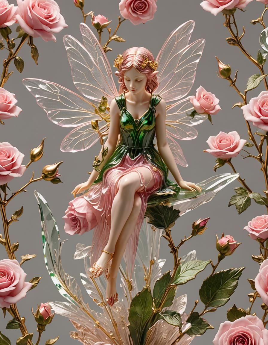 Crystal and Gold Fairy on Rose Sculpture