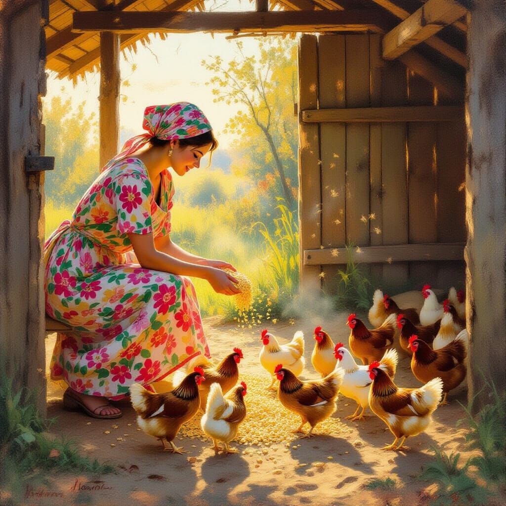 Farmer Feeding Chickens in Golden Morning Light, Impressioni...