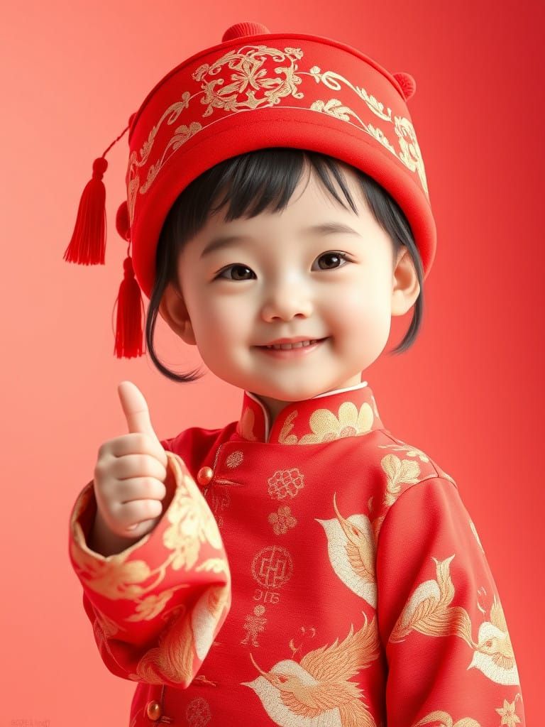 Adorable Girl in Traditional Chinese Red Costume Gives Thumb...