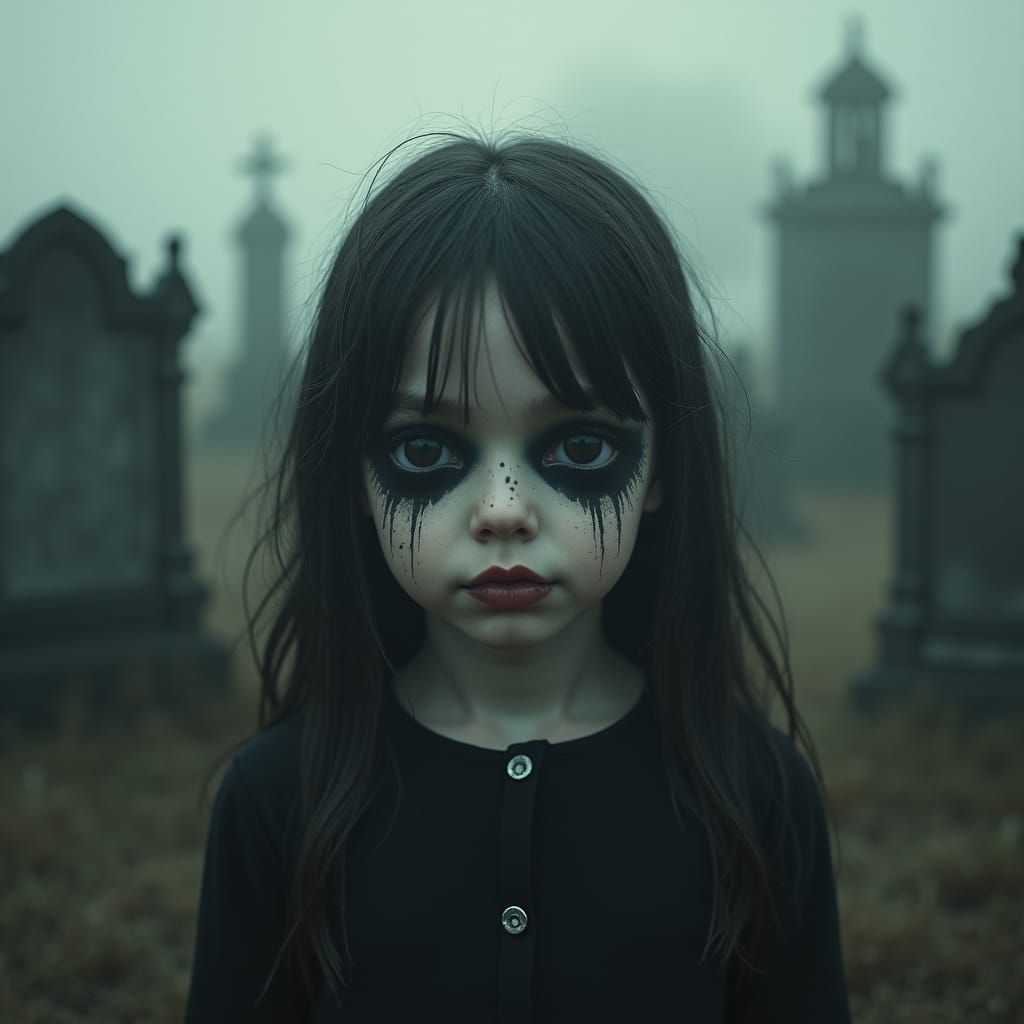 Eerie Girl in Cemetery: Surrealist Digital Art
