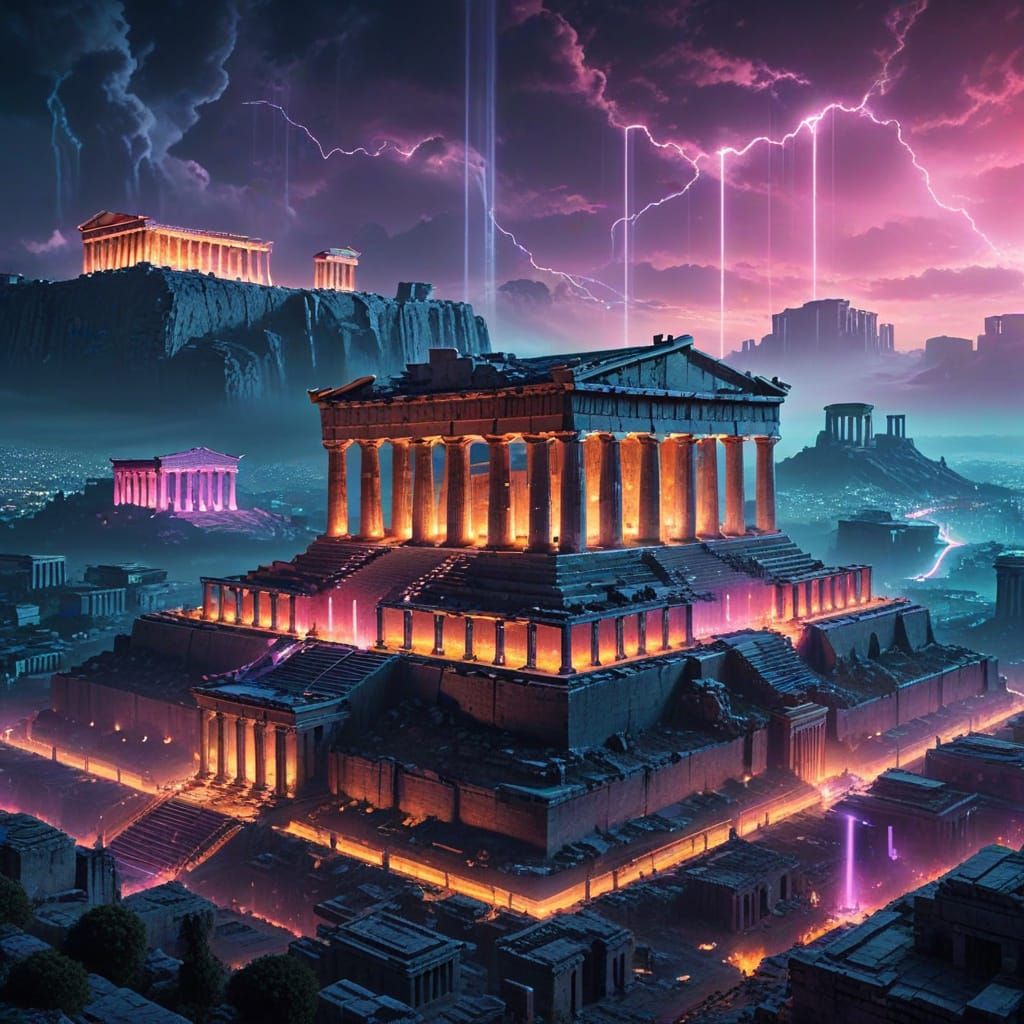 Cyberpunk Acropolis with Neon Lights and Holographic Project...