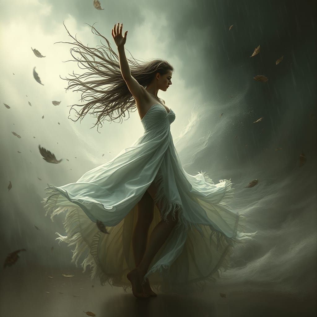 Woman in Storm with Flying Leaves, Cinematic View