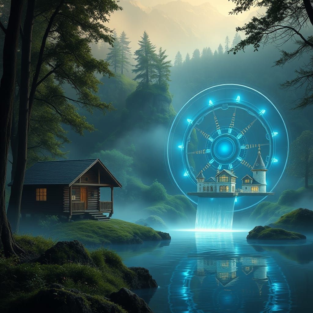 Enchanted Woodland Village in Dreamlike Sci-Fi Landscape
