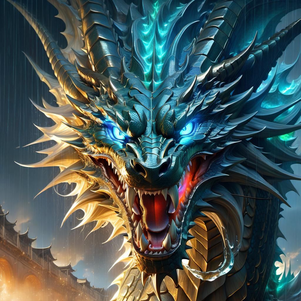 Luminescent Titan Dragon Roaring in the Rain