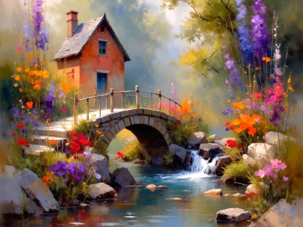 Vintage Stone Bridge and Cottage in Oil Painting Style