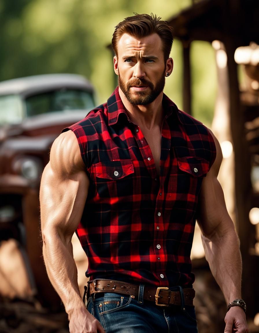 Muscular Man in Plaid Shirt: Photorealistic Analog Style