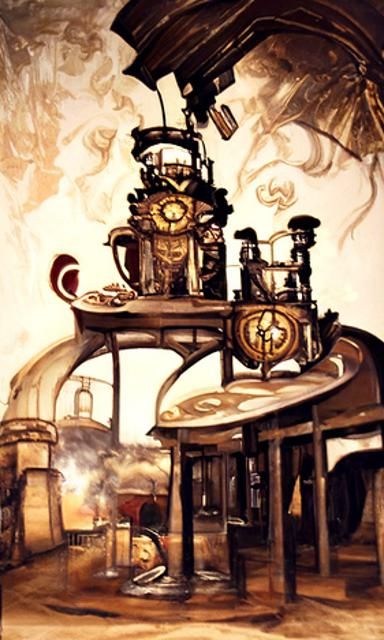 Steampunk Coffee Shop: Renaissance Storybook Illustration