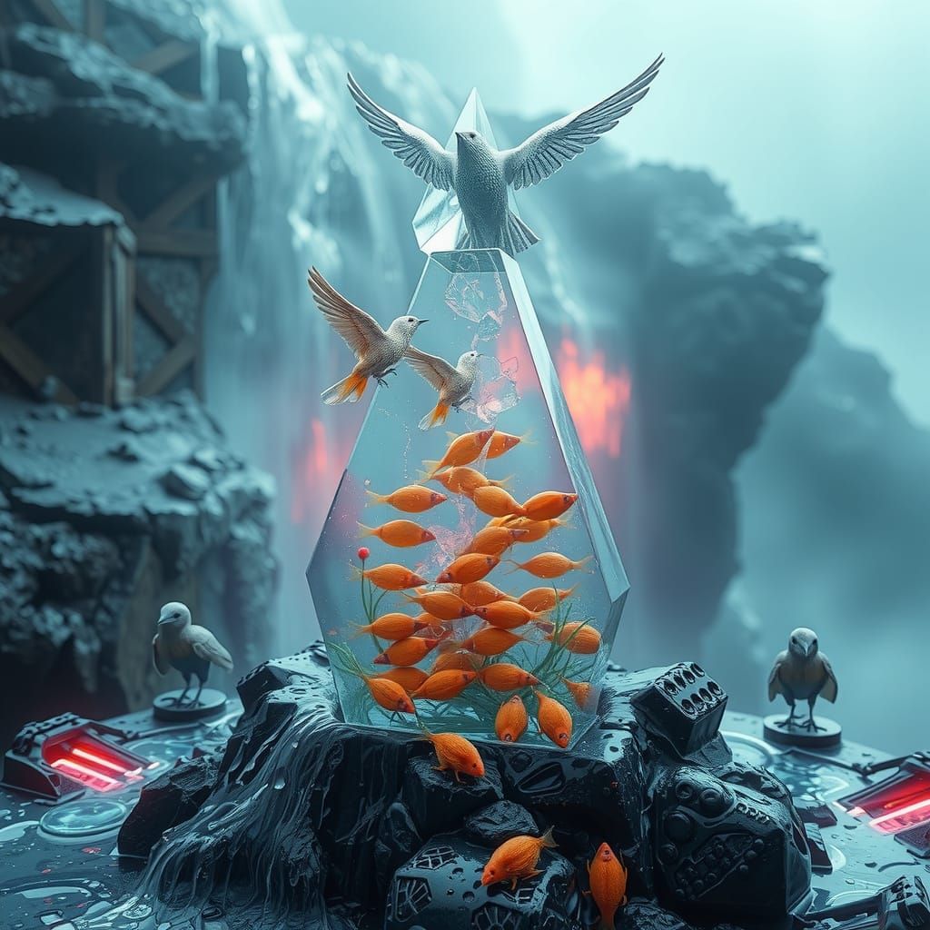 Prism Waterfall with Energy Birds in Futuristic Style