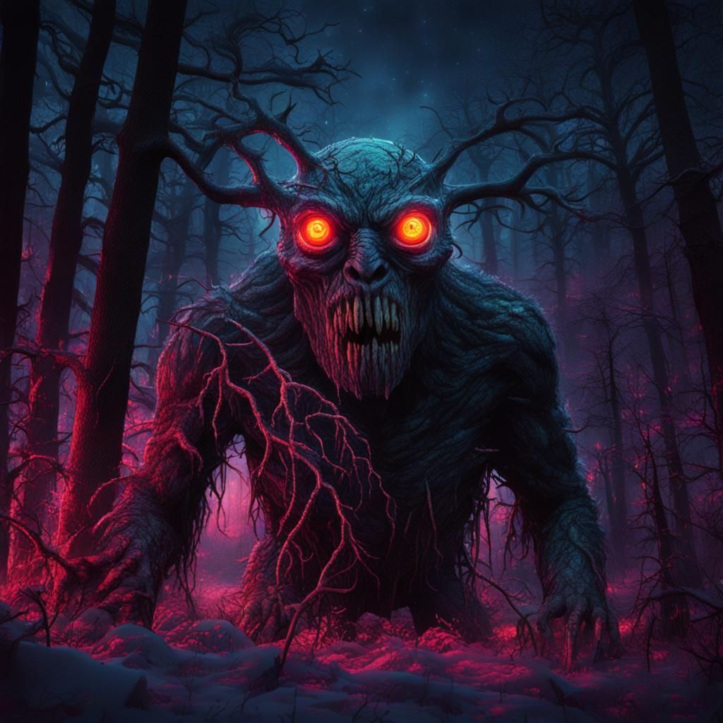 Eerie Forest Monster with Glowing Eyes