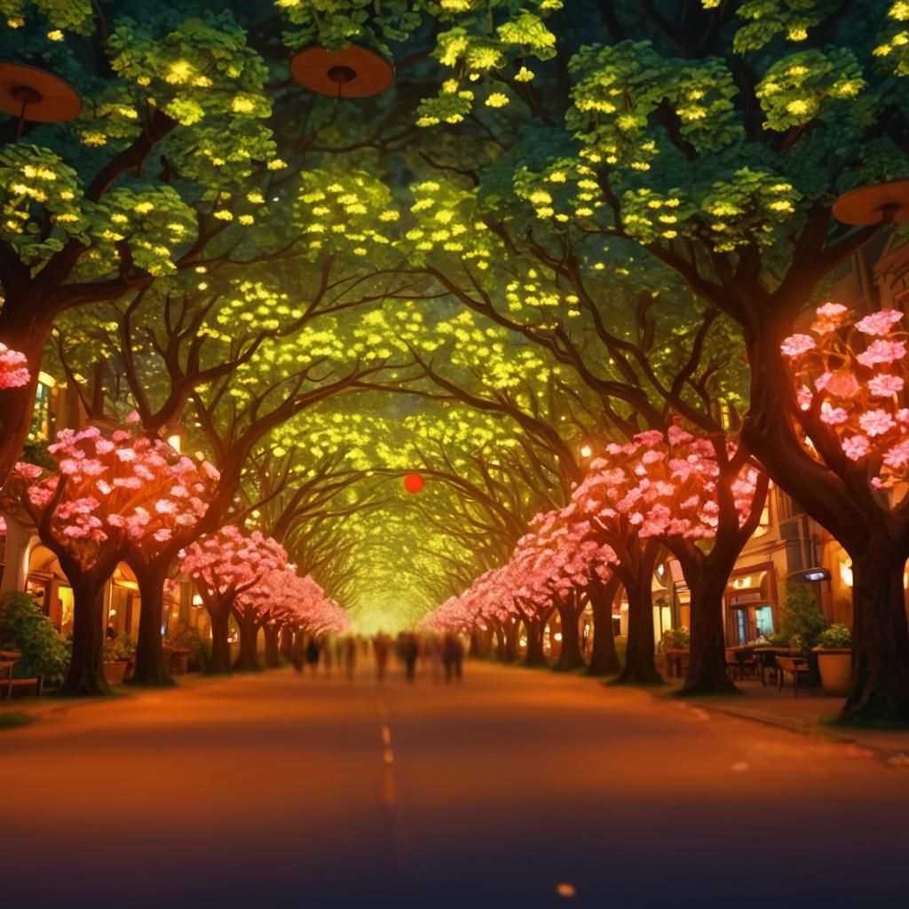 Art Nouveau Floral City in Bioluminescent Forest