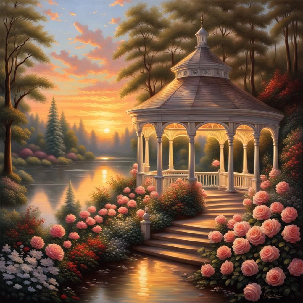 Forest Path with Gazebo at Sunset in Luminist Style
