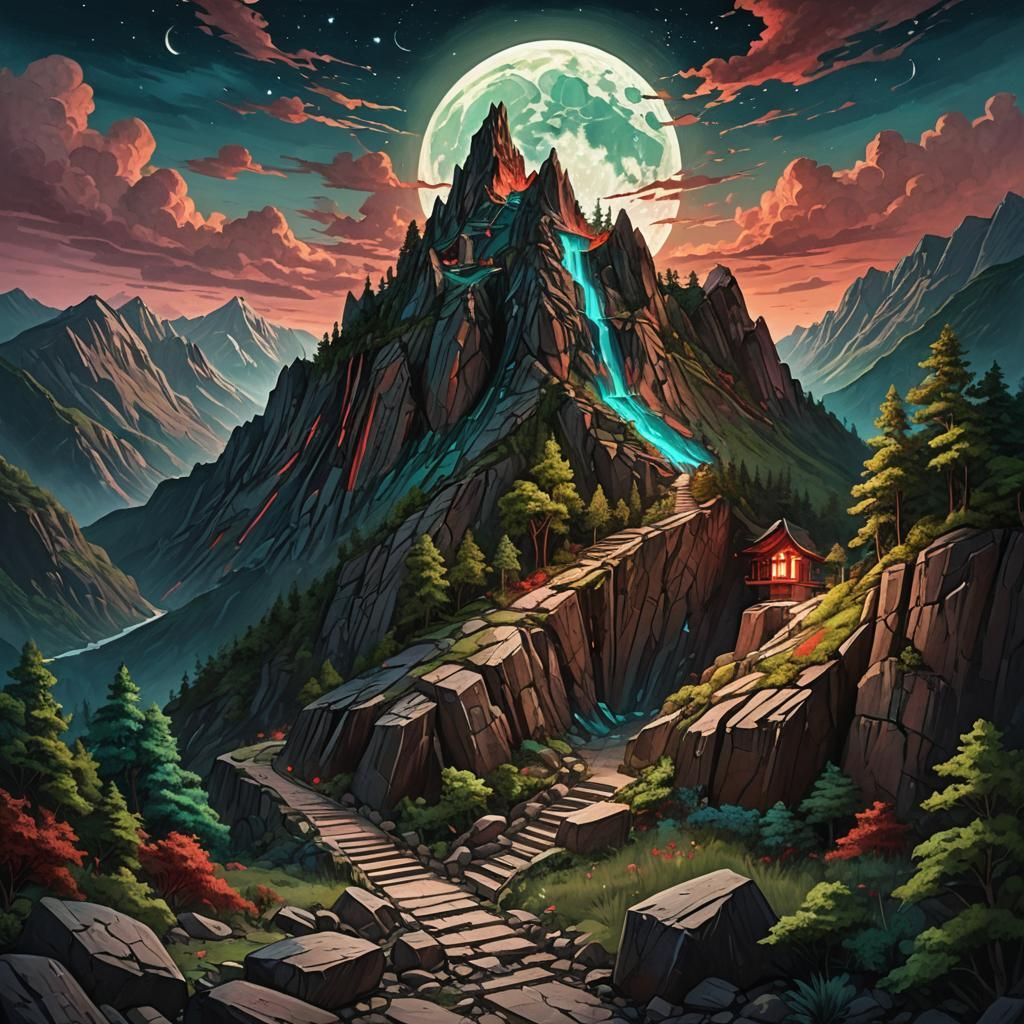 Earthy School Carved in Mountains at Night