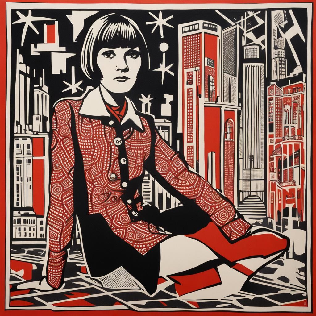 Mary Quant in Miniskirt as Linocut Print