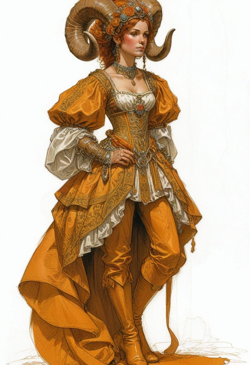 Renaissance Woman with Ram Horns in Vivid Colors