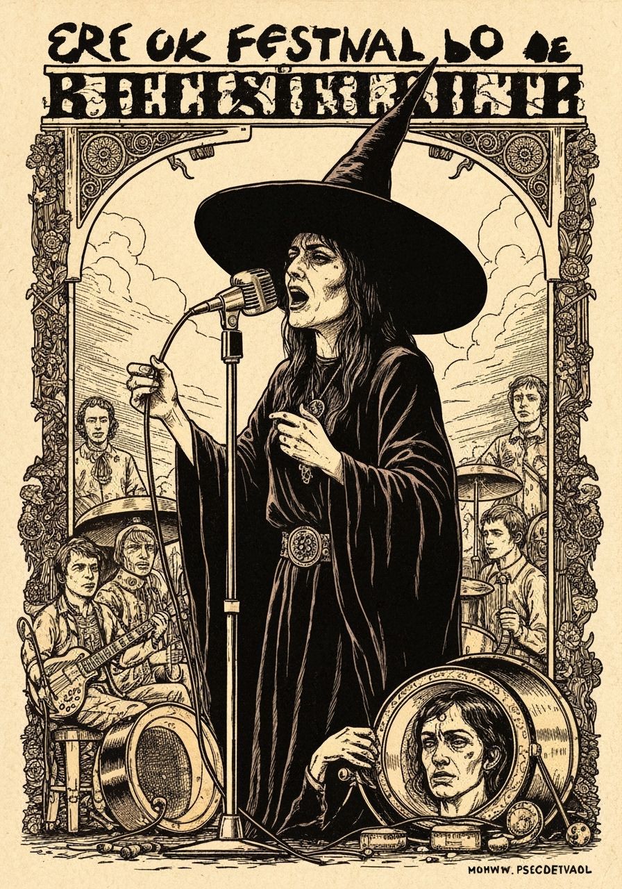 Psychedelic 60s Rock Festival Poster with Singing Witch