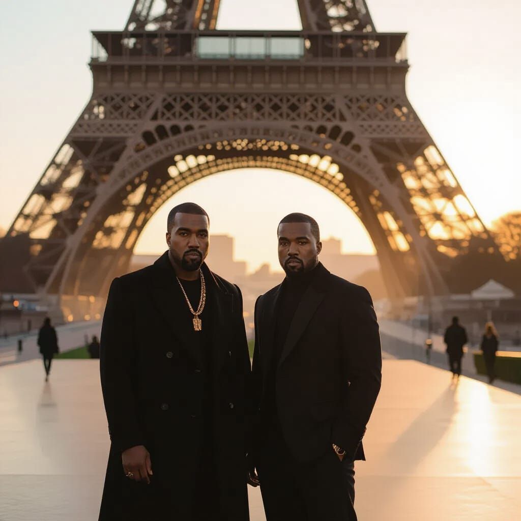 Two Men at Eiffel Tower, Golden Hour Cinematic Film